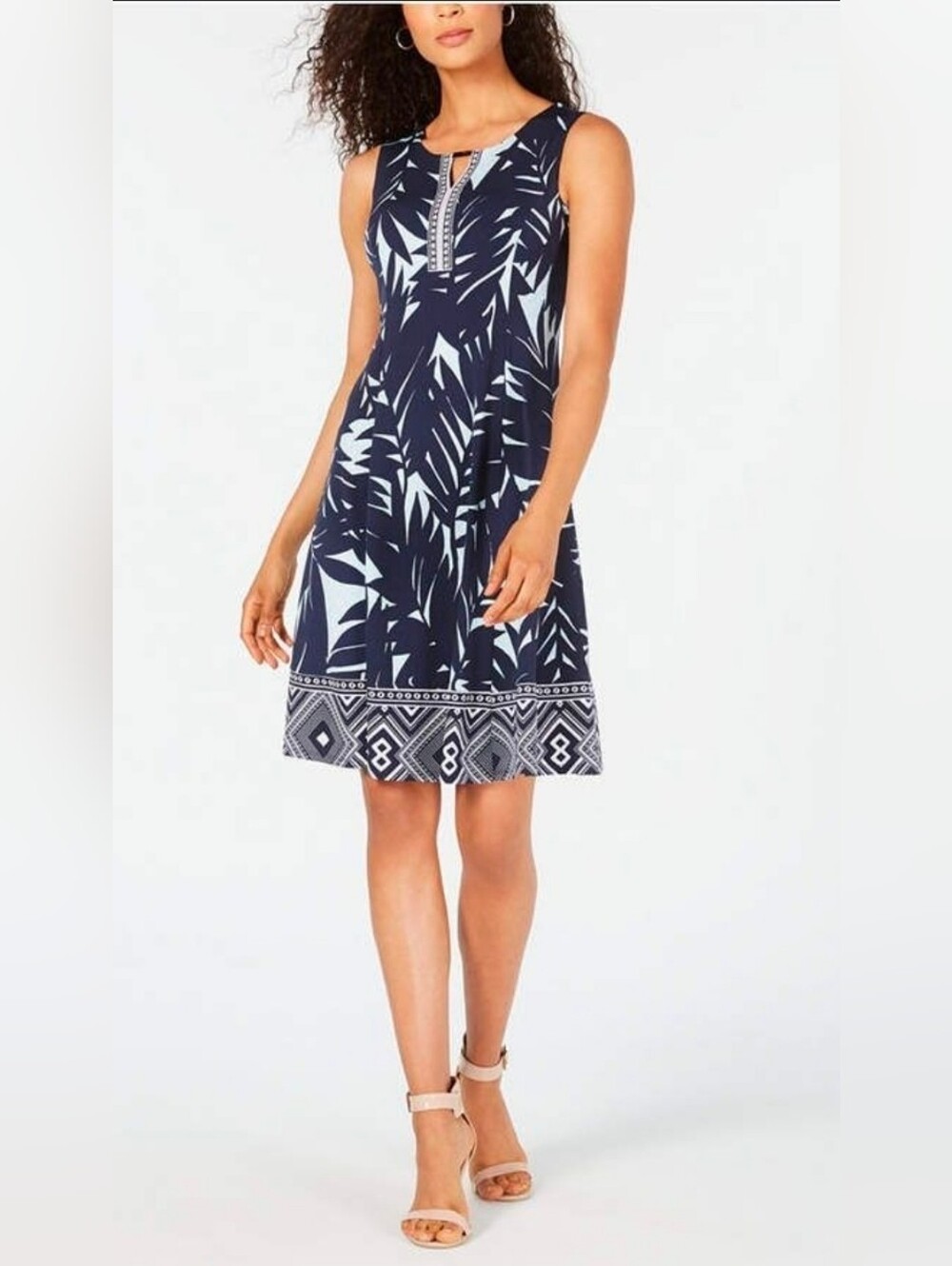 JM Collection plus size sleeveless A-line dress in navy and Lt Blue palm Print
